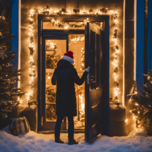 person at door at Christmas