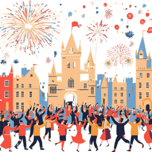 hogmanay ai generated image using canva - people dancing and fireworks