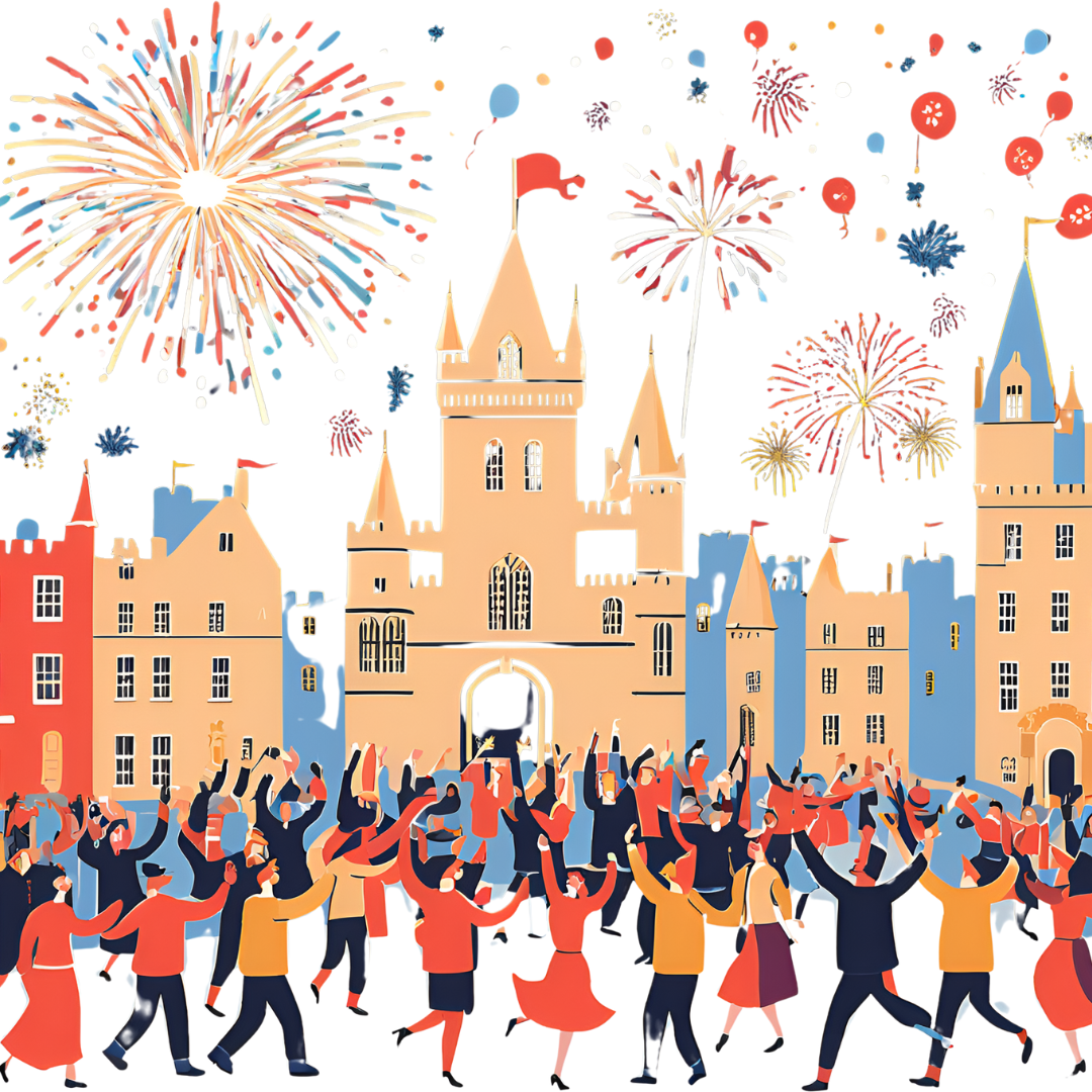hogmanay ai generated image using canva - people dancing and fireworks