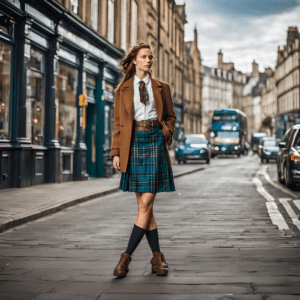 ai generated image of woman wearing kilt in streeet using canva - caroline weir
