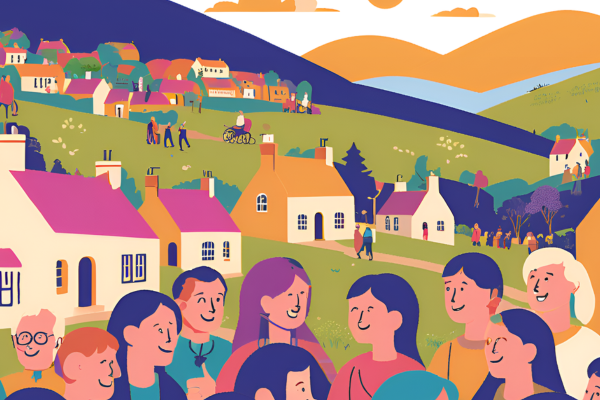 Gaelic language illustration of people speaking generated by AI canva - Caroline Weir