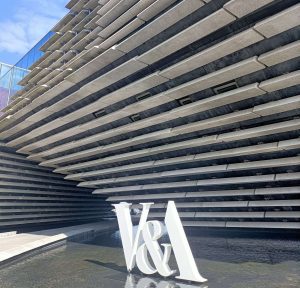 concrete building in a modern style with V&A lettering outside